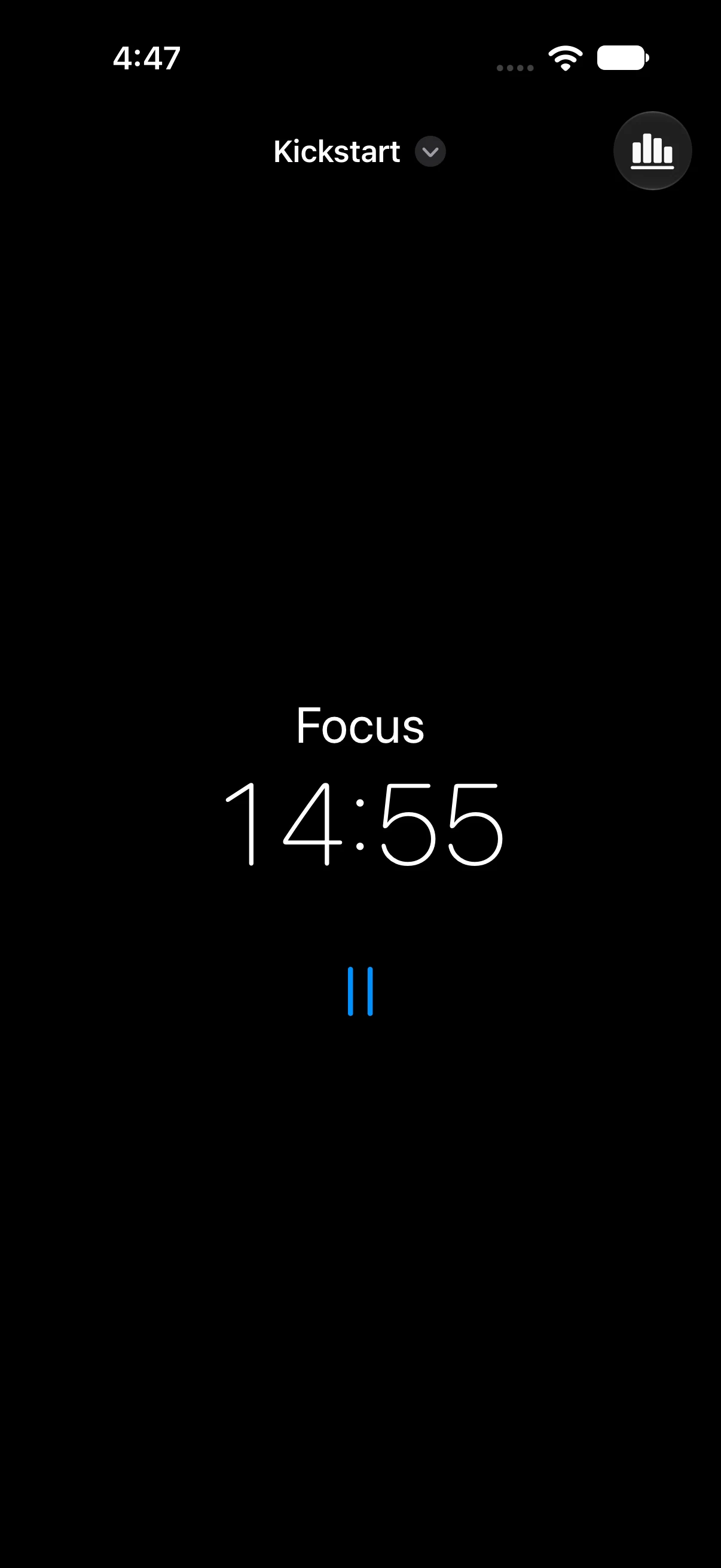 Spoon Theory on iPhone: the Kickstart preset in Focus with 14:55 remaining.