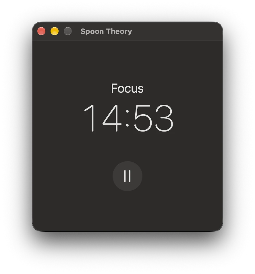 Spoon Theory on Mac: a small window showing Focus with 14:53 remaining and a pause button.